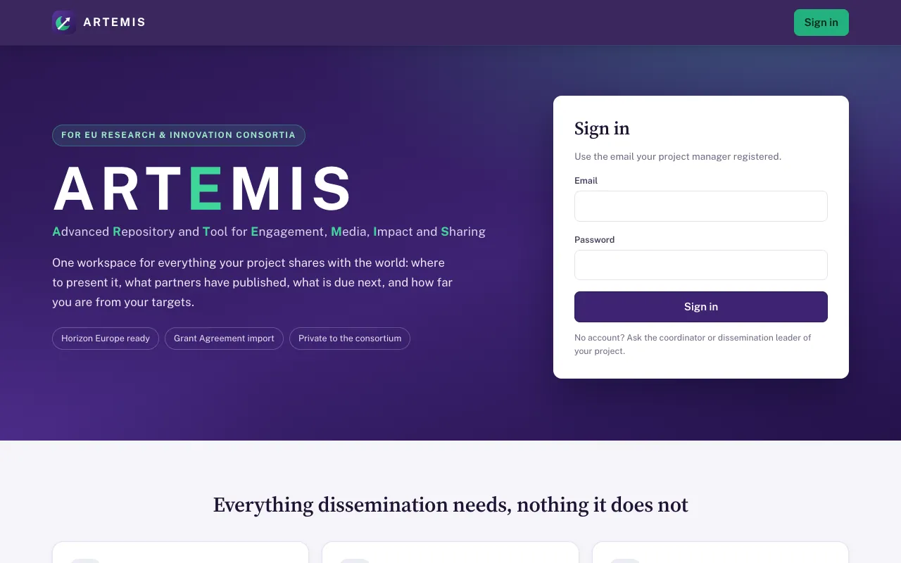 The ARTEMIS front page, with the product introduction beside the sign-in panel