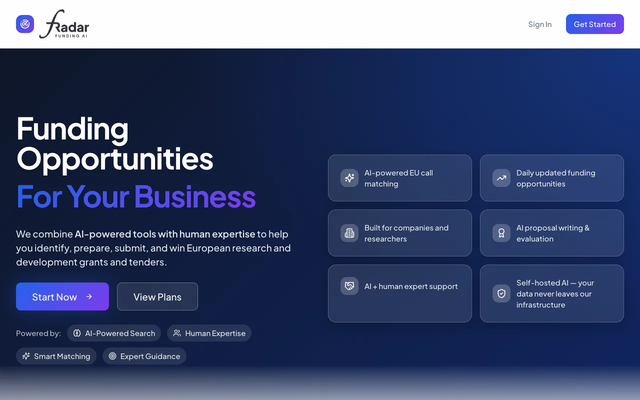 The FRadar home page, with its funding search pitch beside six core features