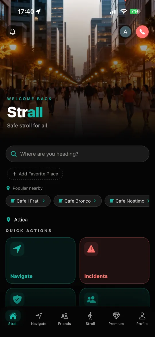 The Strall app home screen, showing the search field and quick actions over a night-time street